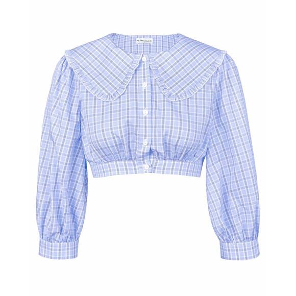 My Mum Made It Collar Crop Blouse - S Sky Blue Check - Picture 1 of 5